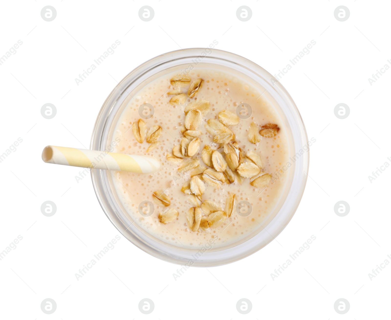 Photo of Glass of tasty smoothie with oatmeal on white background