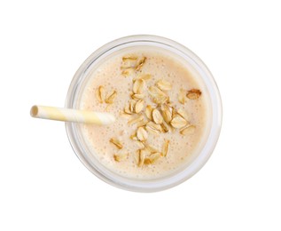 Photo of Glass of tasty smoothie with oatmeal on white background