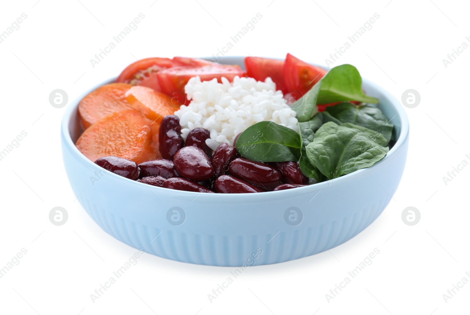 Photo of Tasty rice with beans and vegetables isolated on white