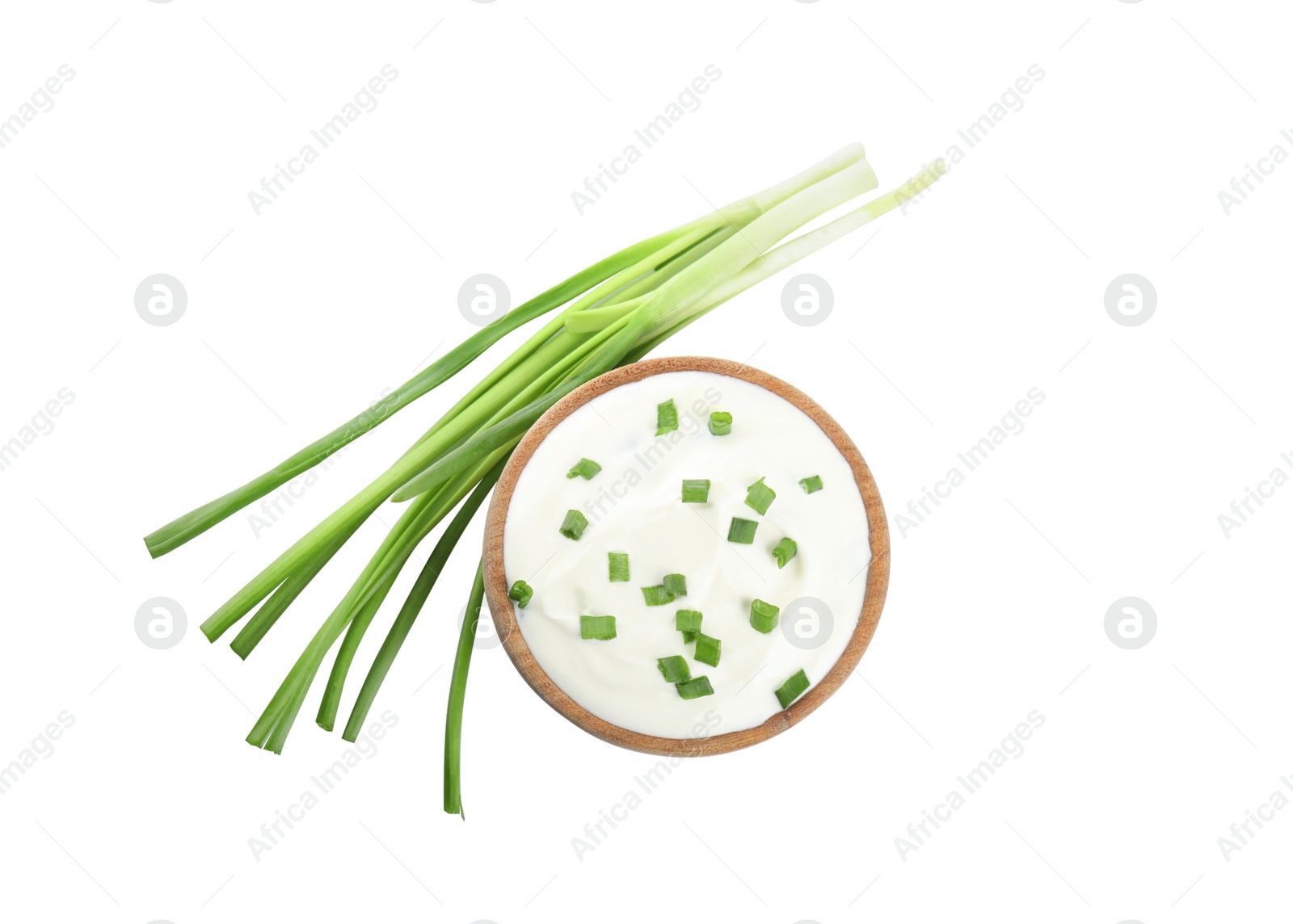 Photo of Fresh sour cream with onion on white background, top view