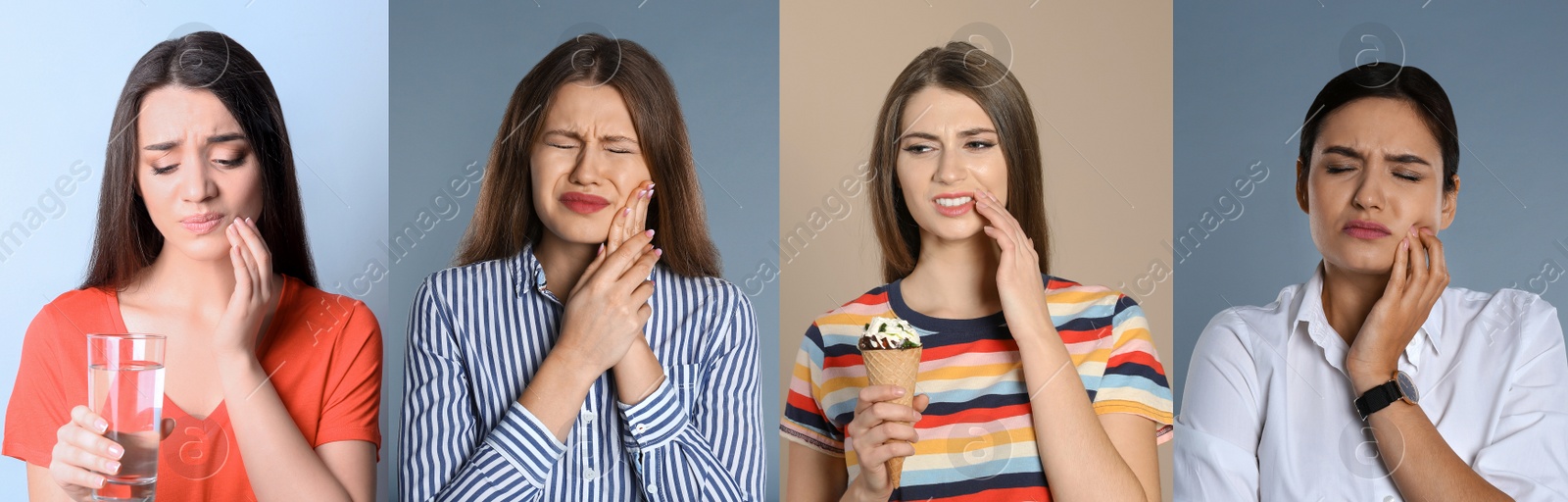 Image of Collage with photos of women suffering from toothache on different color backgrounds. Banner design