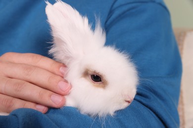 Man with fluffy white rabbit, closeup. Cute pet