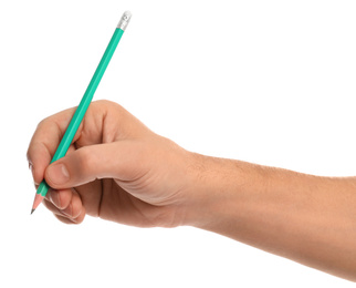 Photo of Man holding ordinary pencil on white background, closeup