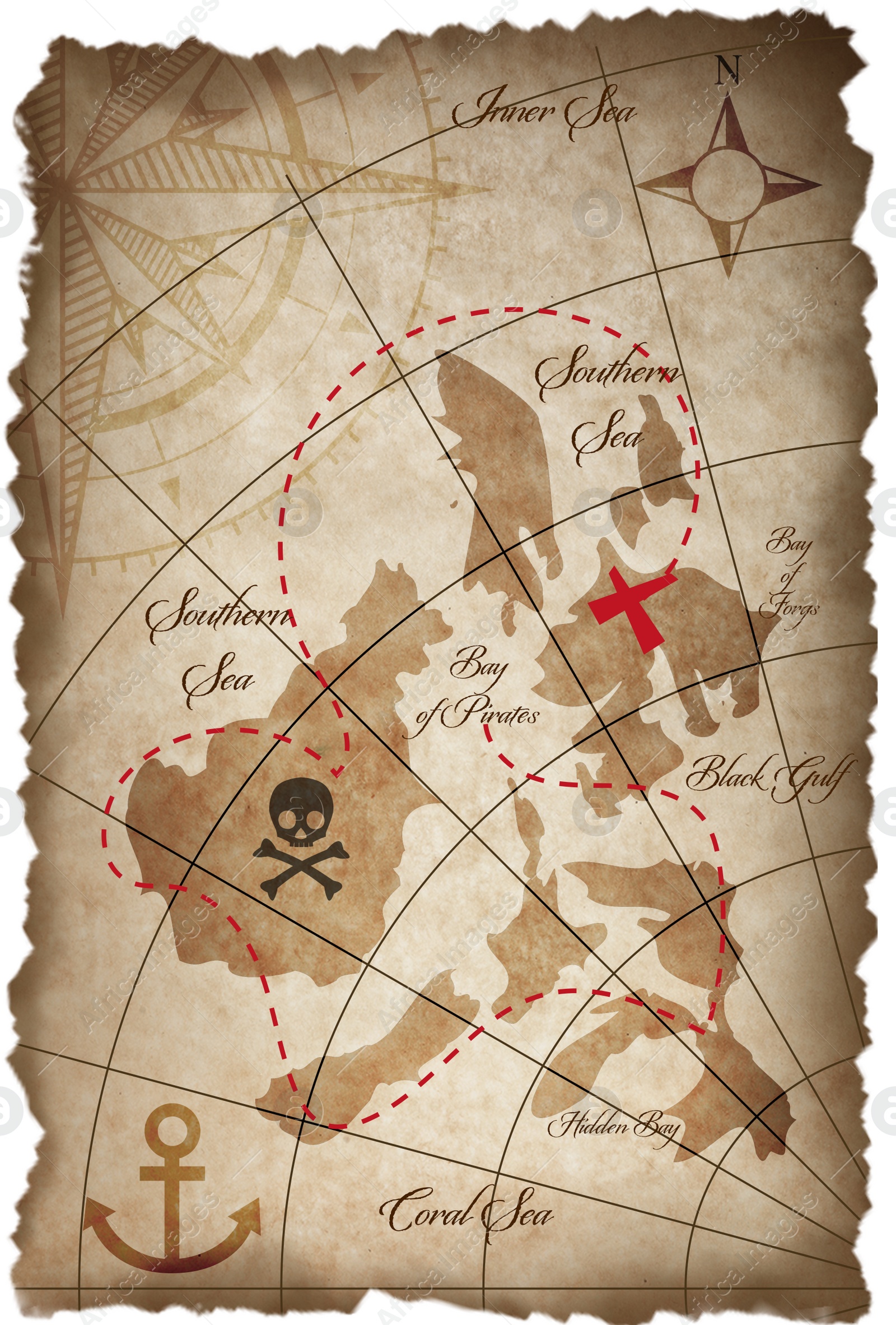 Illustration of Old pirate treasure map on white background, illustration