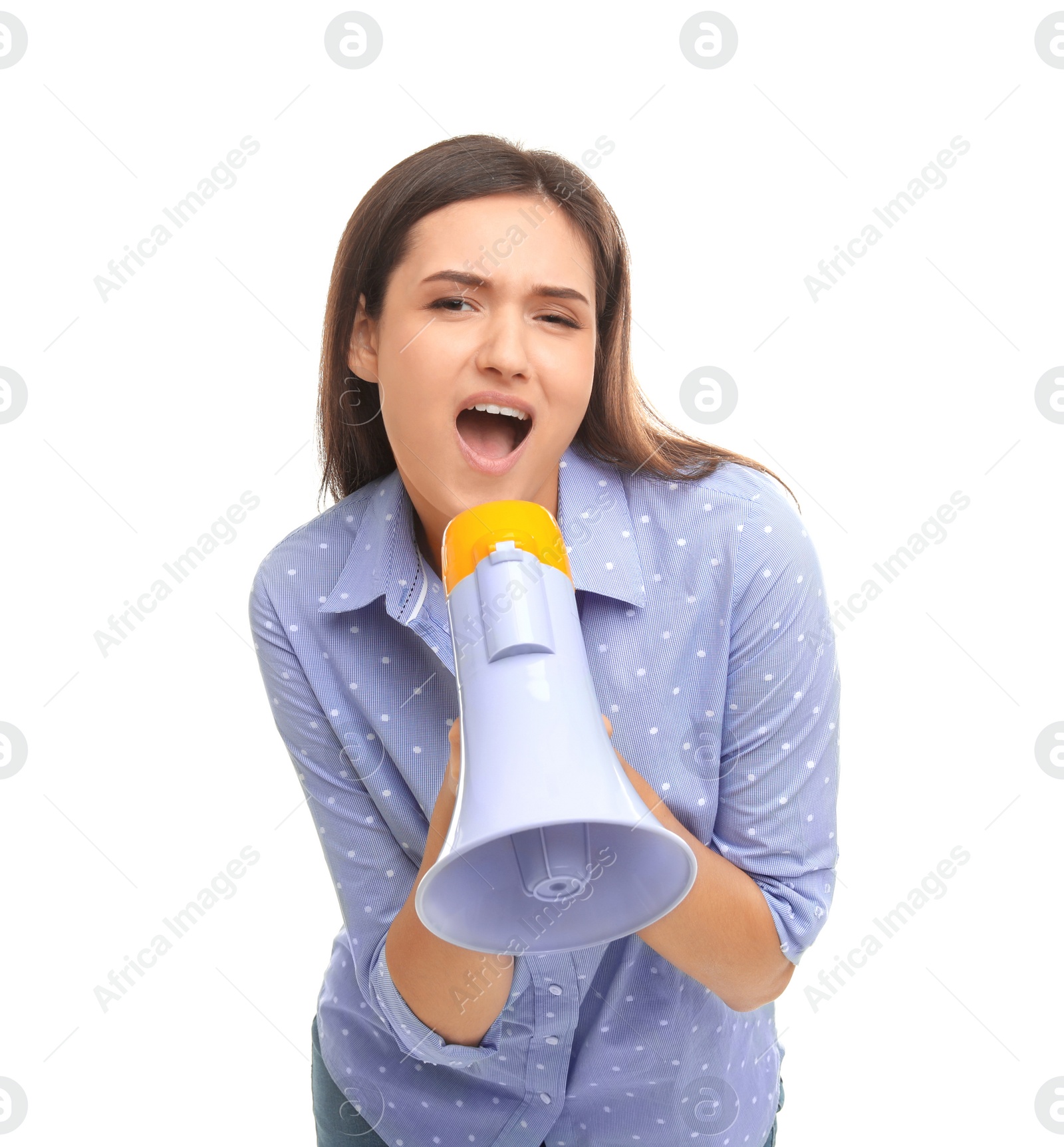 Photo of Young woman with megaphone on white background