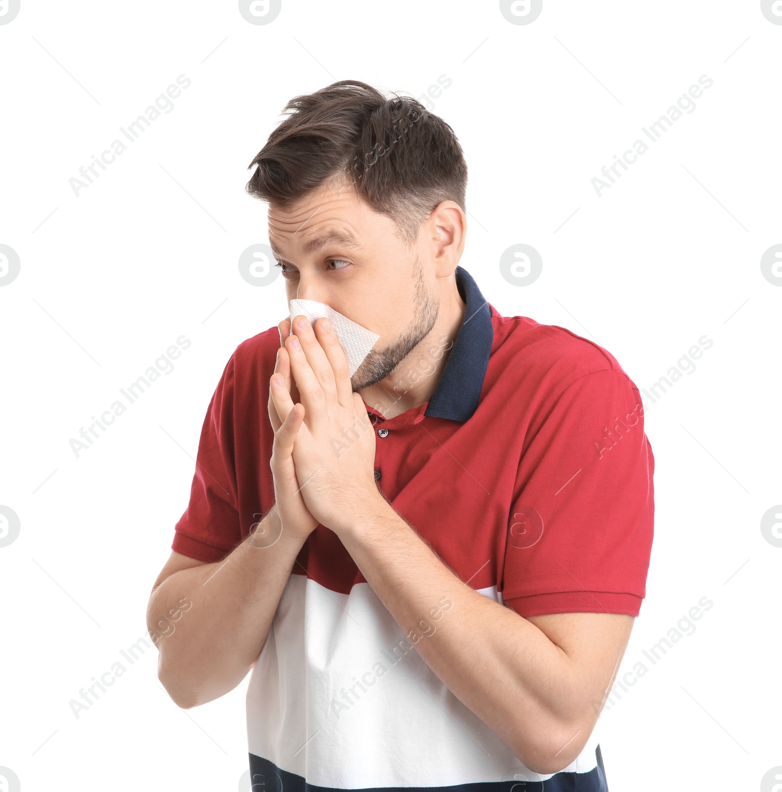 Photo of Man suffering from cold isolated on white