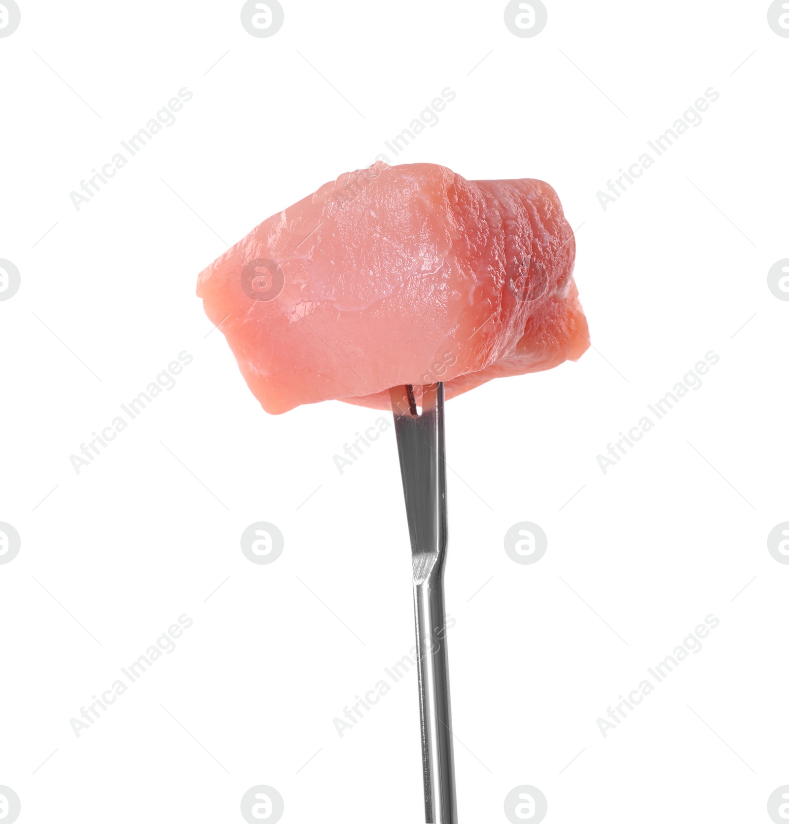 Photo of Fondue fork with piece of raw meat isolated on white