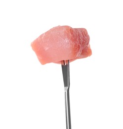 Photo of Fondue fork with piece of raw meat isolated on white