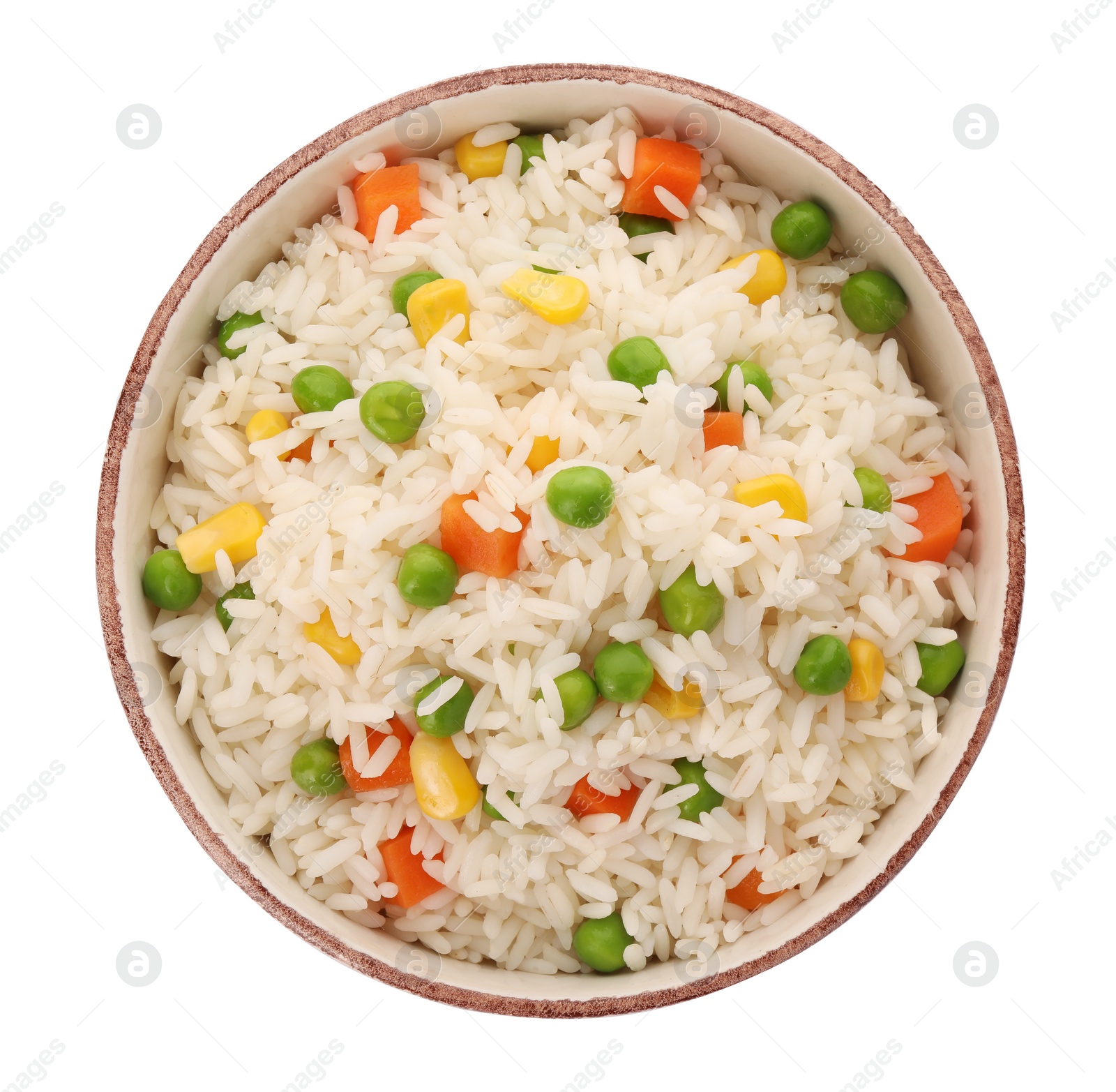 Photo of Bowl of delicious rice with vegetables isolated on white, top view