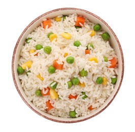 Photo of Bowl of delicious rice with vegetables isolated on white, top view