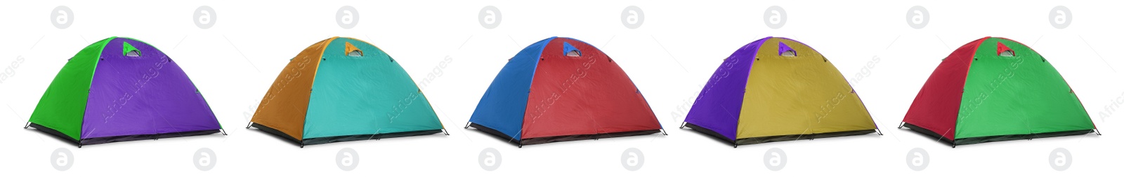 Image of Set with different colorful camping tents on white background. Banner design