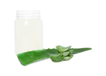 Photo of Fresh aloe juice in jar and leaves isolated on white