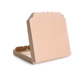 Open cardboard pizza box on white background. Mockup for design