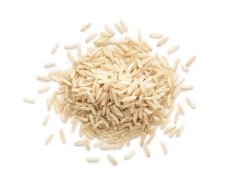 Photo of Pile of brown rice on white background, top view