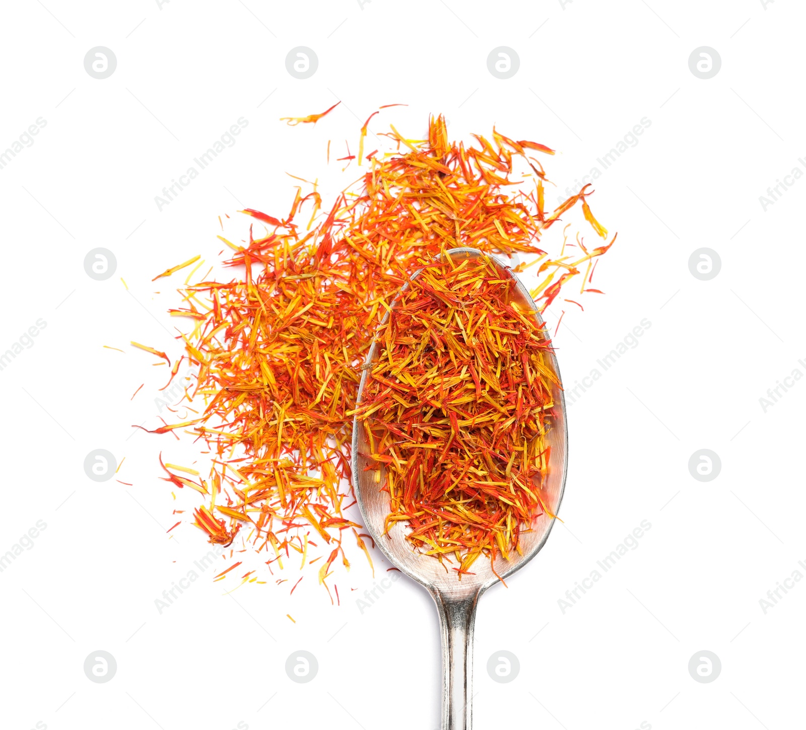 Photo of Aromatic saffron and spoon isolated on white, top view