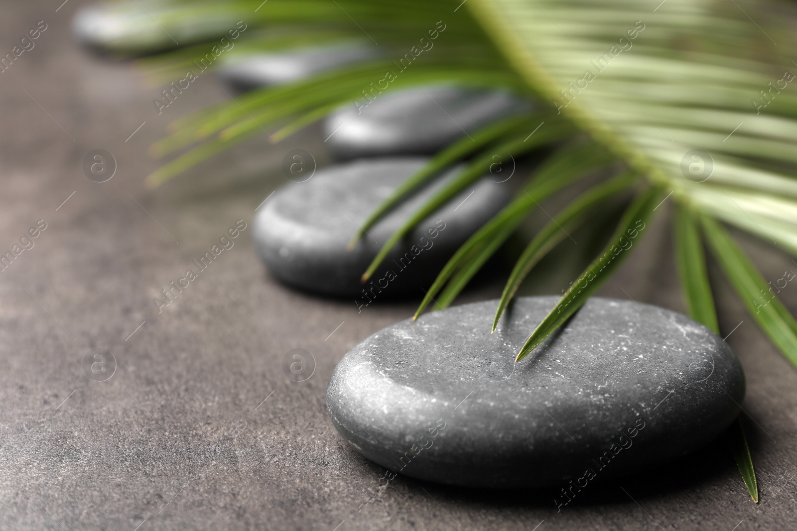 Photo of Spa stones and green leaf on grey background. Space for text