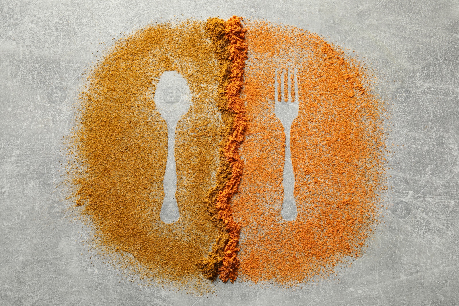 Photo of Silhouettes of cutlery made by spices on light grey table, flat lay