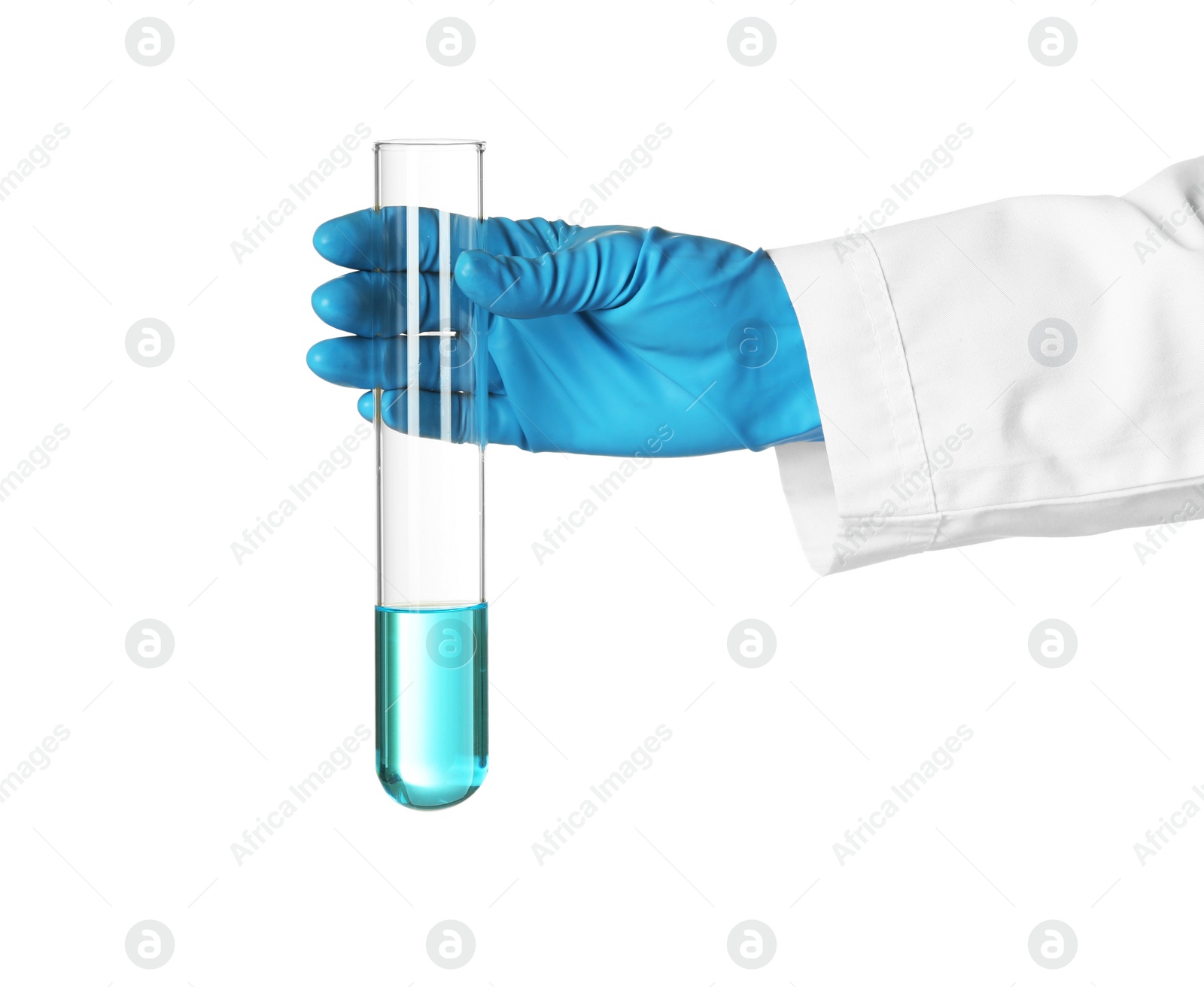 Photo of Scientist holding test tube with liquid on white background. Chemical research