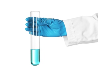 Scientist holding test tube with liquid on white background. Chemical research