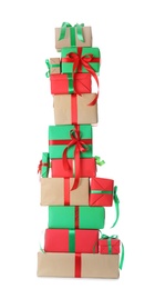 Stack of Christmas gift boxes isolated on white