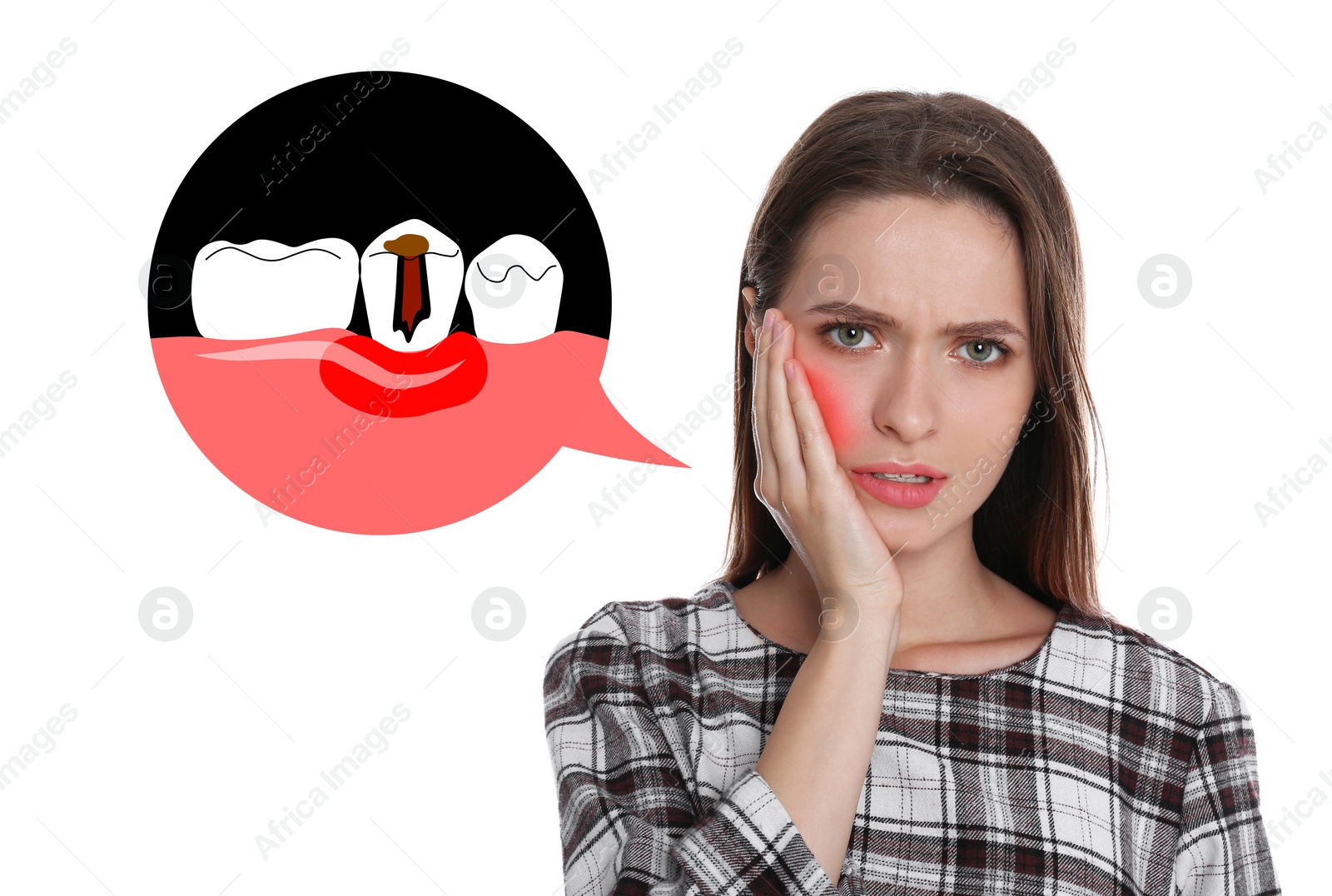 Image of Young woman suffering from toothache on white background