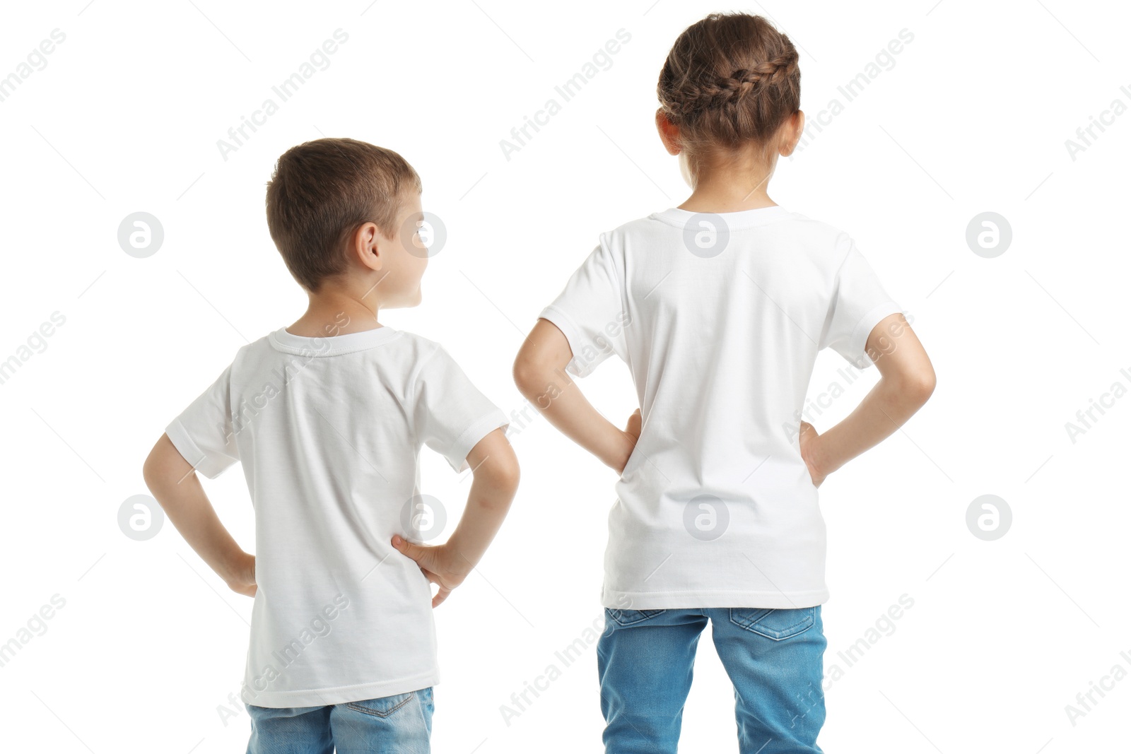 Photo of Little kids in t-shirts on white background. Mockup for design