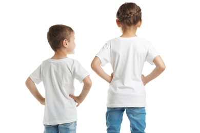 Photo of Little kids in t-shirts on white background. Mockup for design