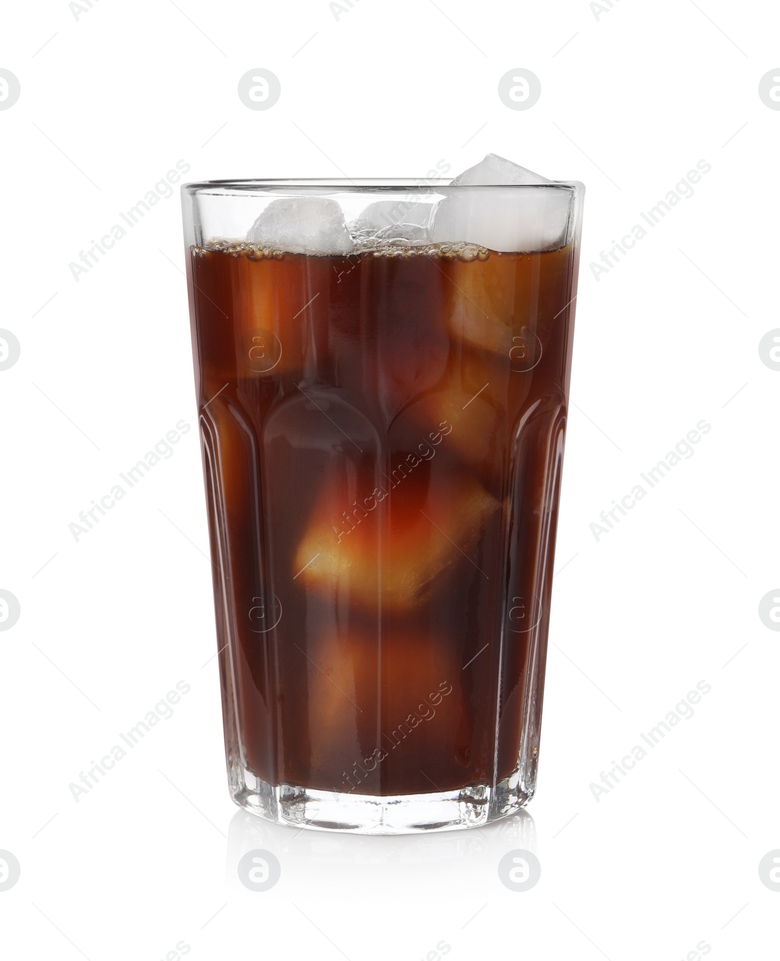 Photo of Tasty coffee with ice cubes in glass isolated on white