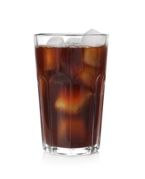 Photo of Tasty coffee with ice cubes in glass isolated on white