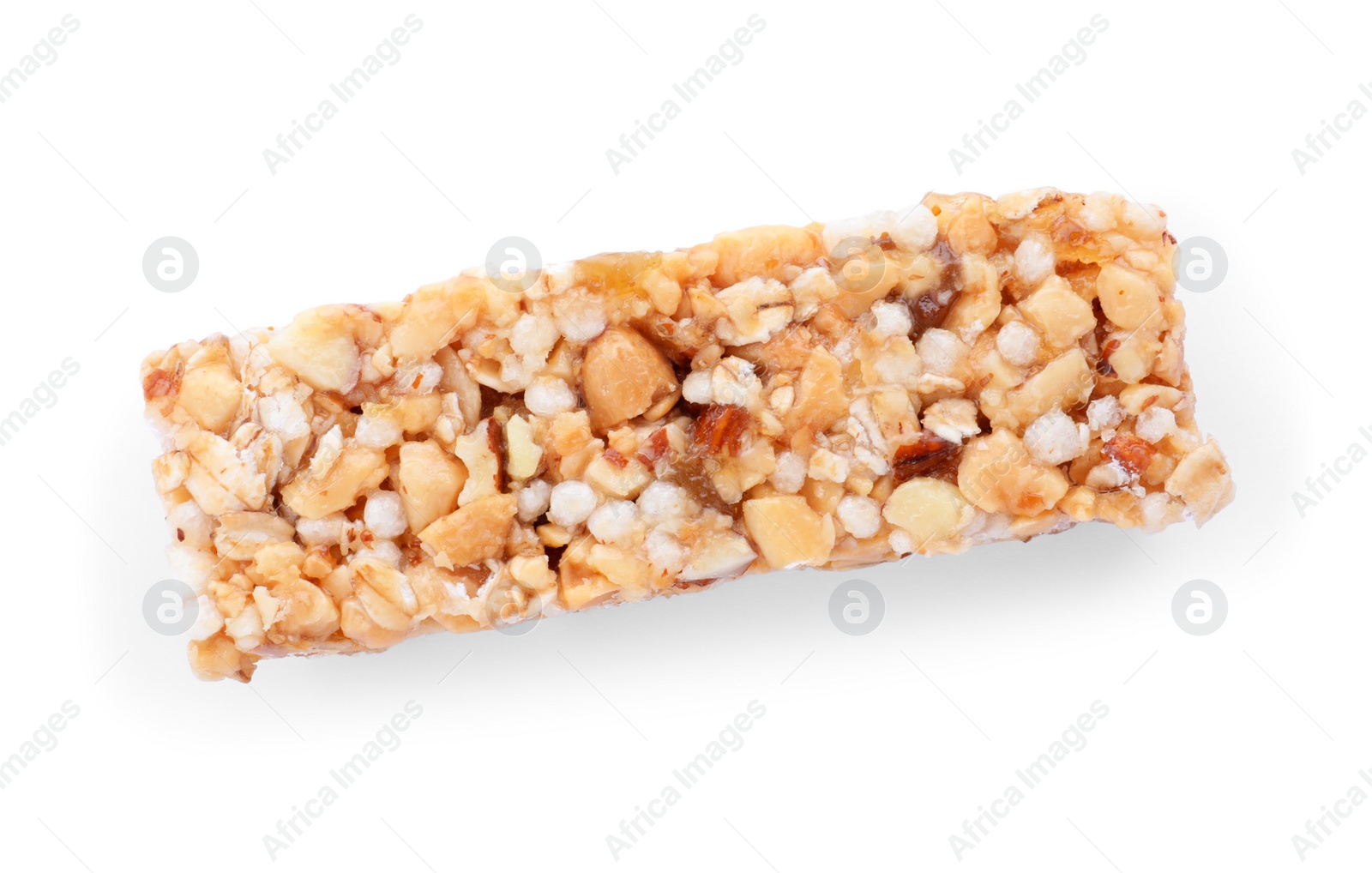 Photo of Sweet cereal bar isolated on white, top view