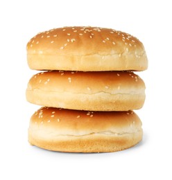 Photo of Stack of fresh hamburger buns isolated on white