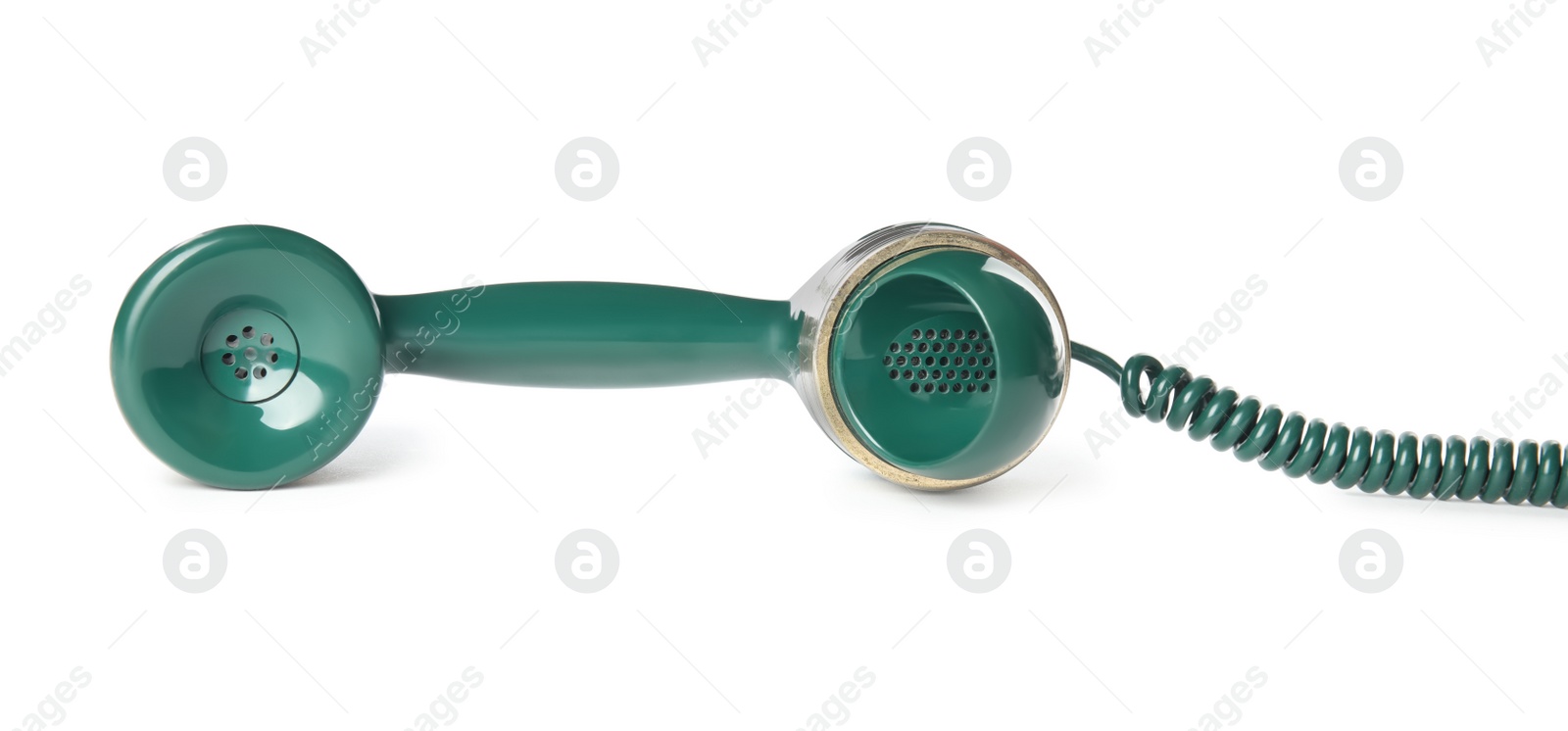 Photo of Handset of vintage green telephone isolated on white