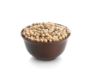 Bowl with pepper grains on white background