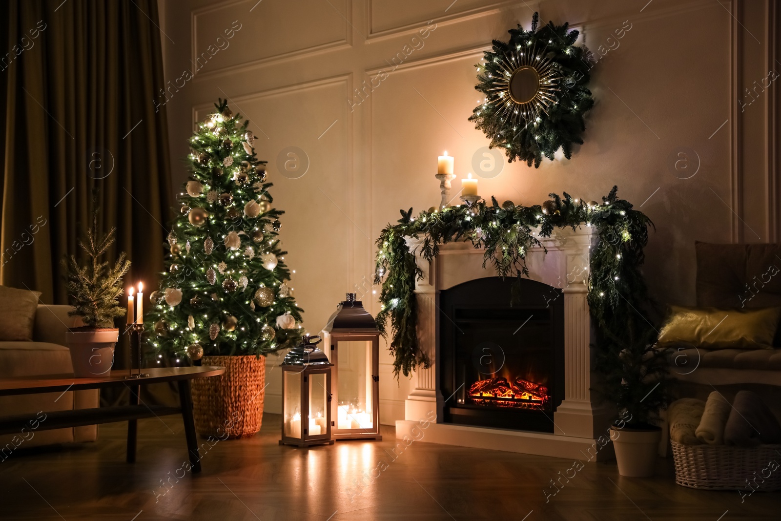 Photo of Beautiful room interior with fireplace and Christmas decor in evening