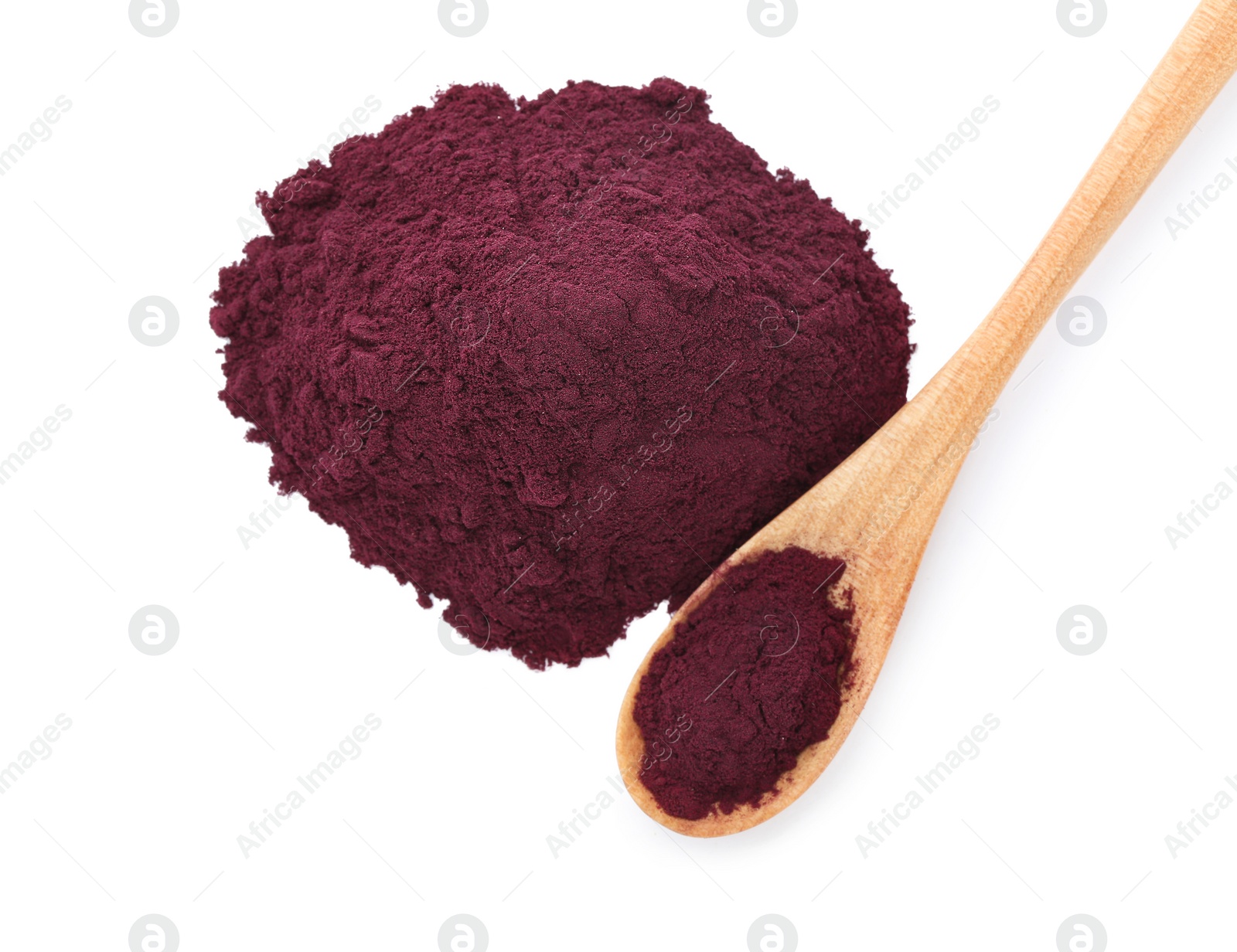 Photo of Wooden spoon and acai powder on white background, top view