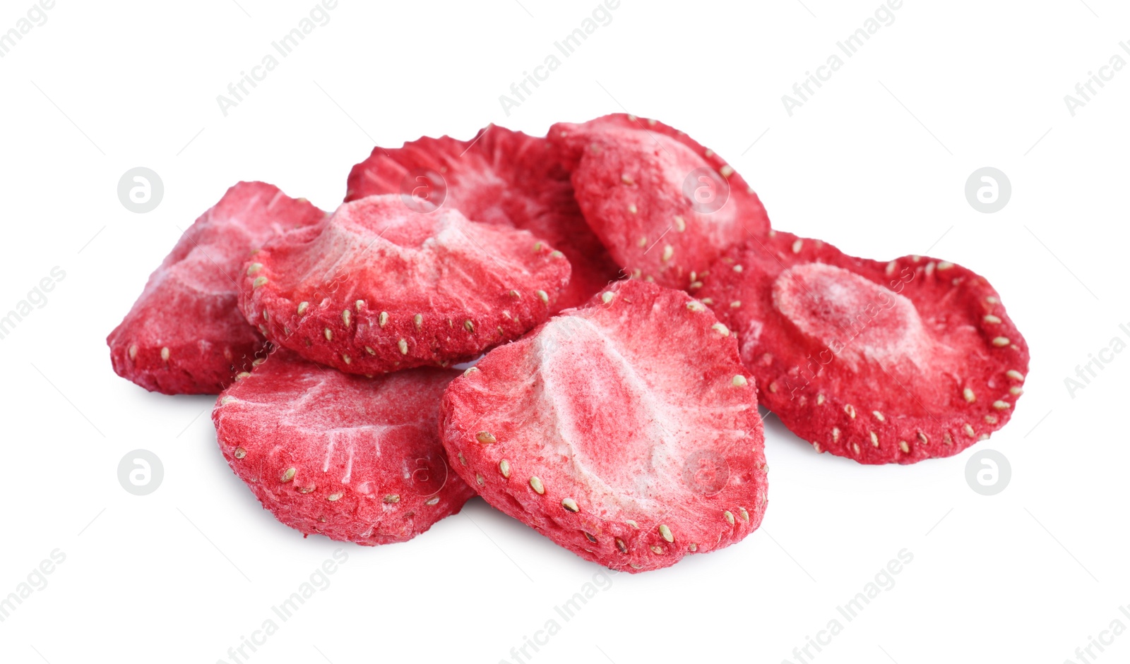 Photo of Pile of freeze dried strawberries on white background