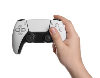 Photo of Woman using wireless game controller on white background, closeup