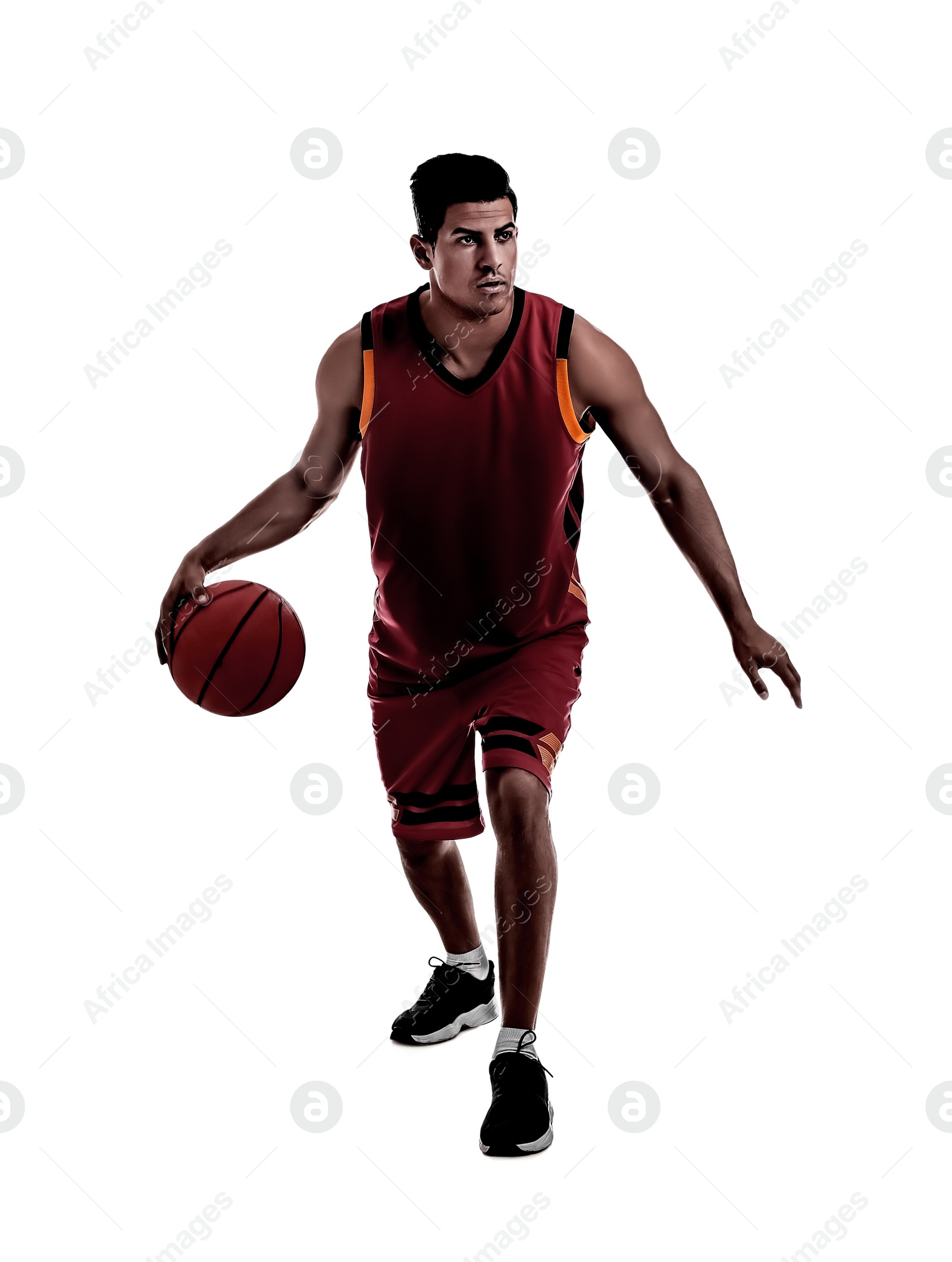 Image of Silhouette of professional sportsman playing basketball on white background