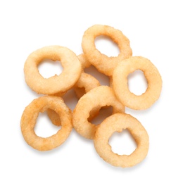 Freshly cooked onion rings on white background, top view