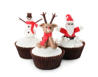 Photo of Beautiful Christmas cupcakes with Santa Claus, snowman and reindeer on white background