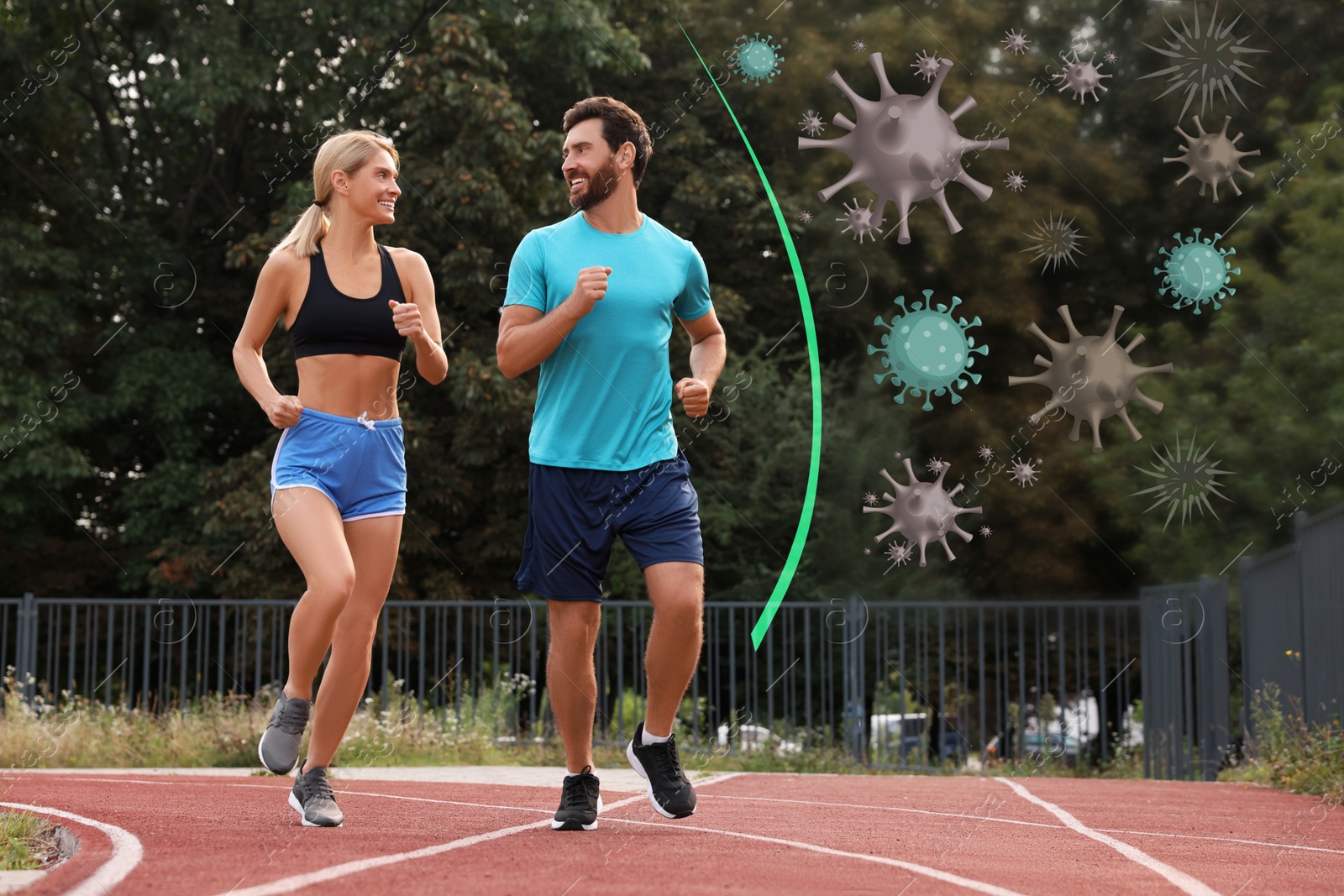 Image of Sporty couple running outdoors. Healthy lifestyle - base of strong immunity