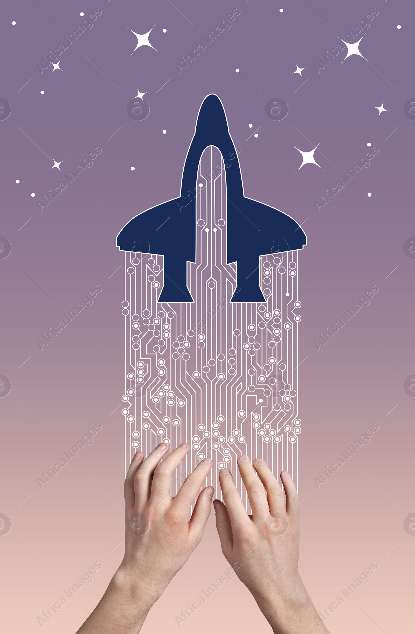 Image of Man using circuit board pattern to launch illustration of rocket on gradient background, closeup. Programming, creating project or startup