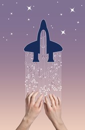 Image of Man using circuit board pattern to launch illustration of rocket on gradient background, closeup. Programming, creating project or startup