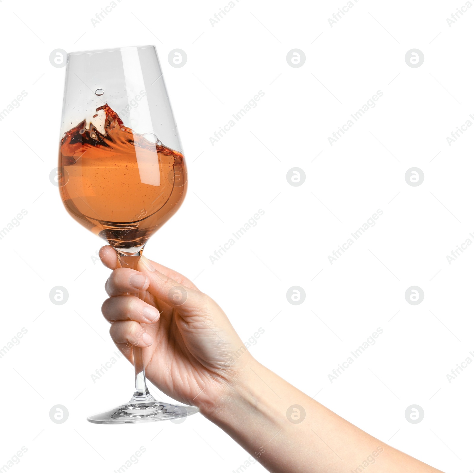 Photo of Woman with glass of rose wine isolated on white, closeup