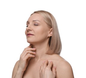 Photo of Beautiful woman touching her neck on white background