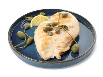 Photo of Delicious cooked chicken fillet with capers on white background