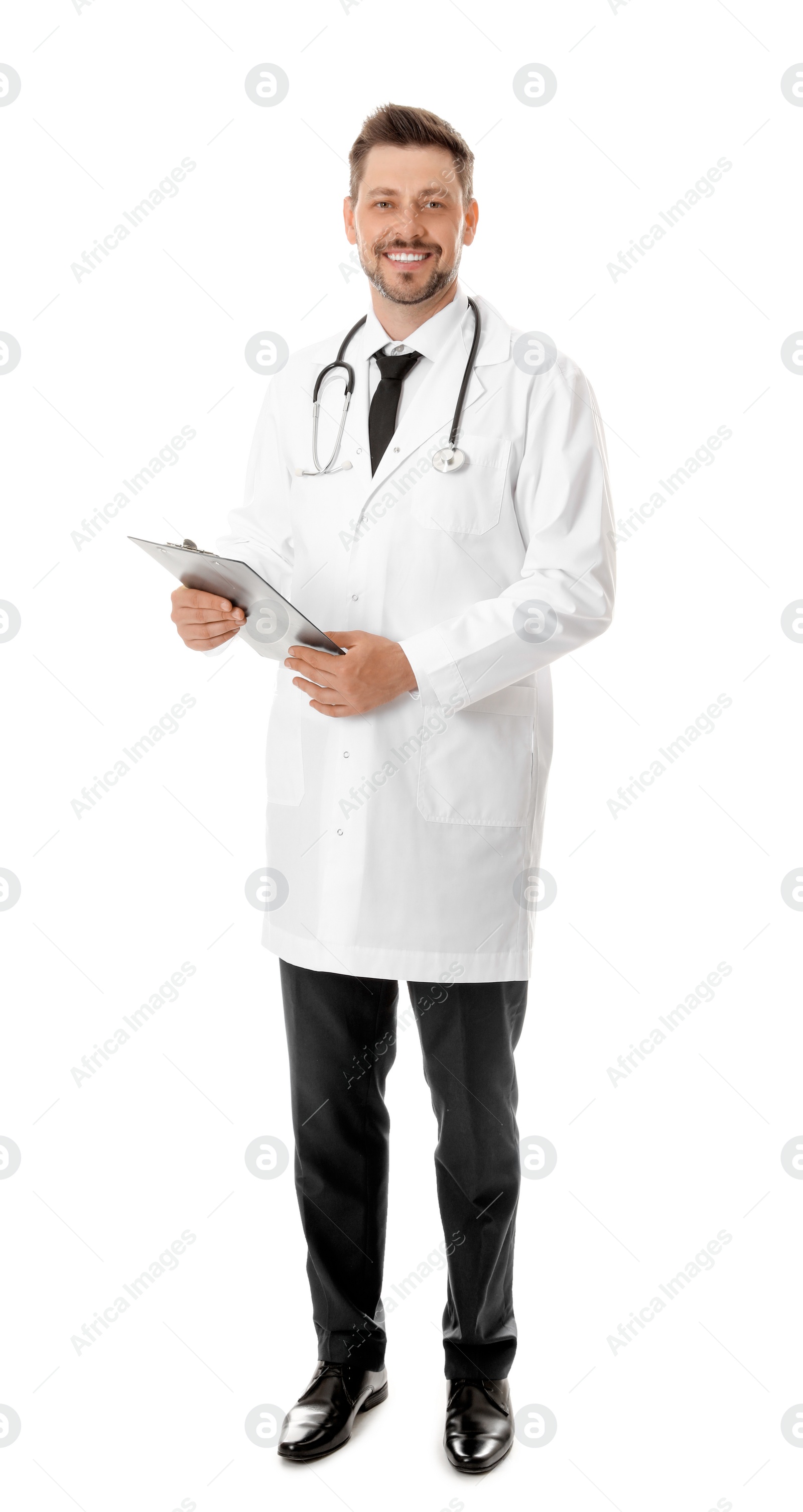 Photo of Full length portrait of male doctor with clipboard isolated on white. Medical staff