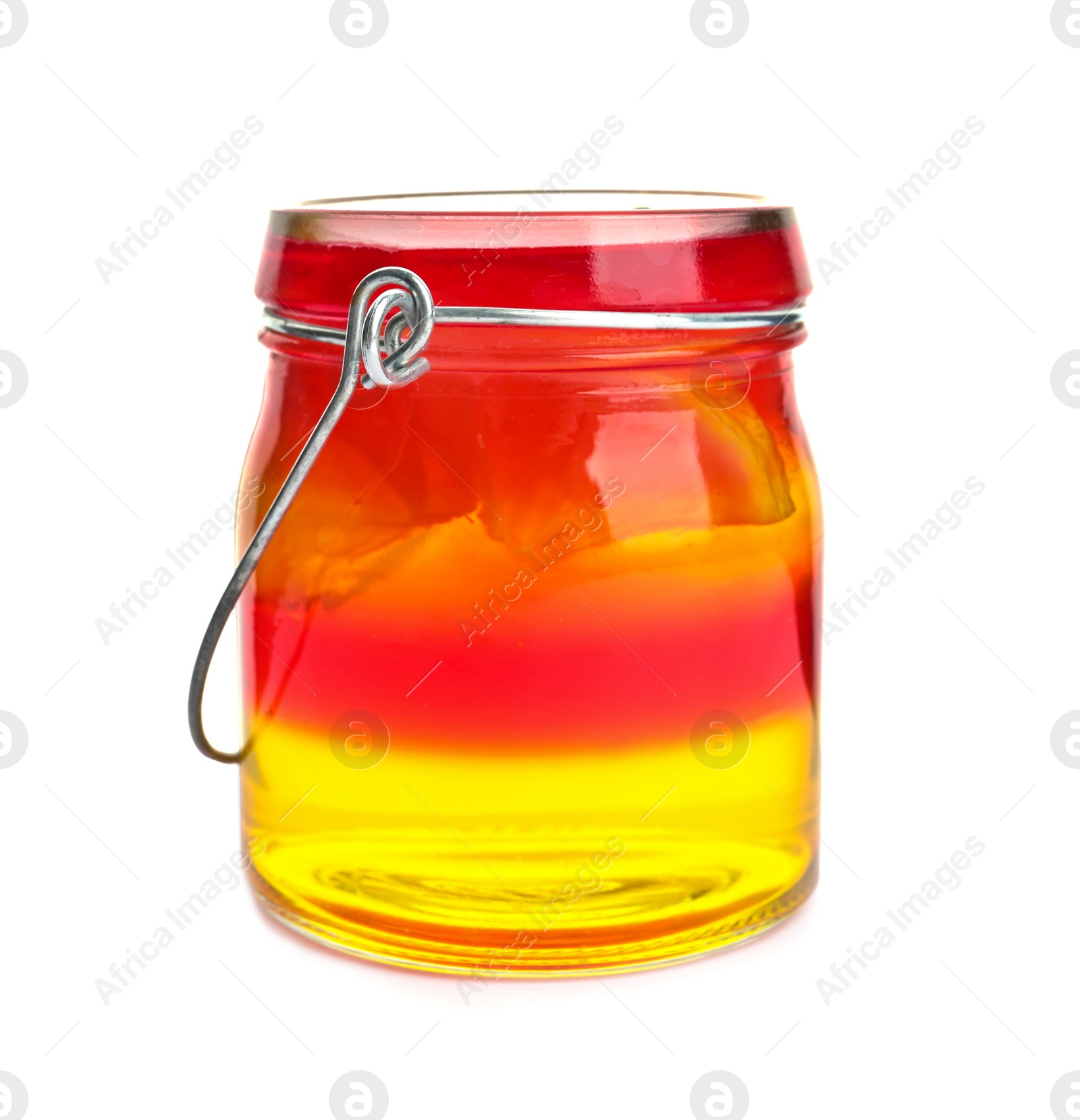 Photo of Tasty layered jelly dessert in glass jar on white background