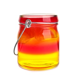 Photo of Tasty layered jelly dessert in glass jar on white background