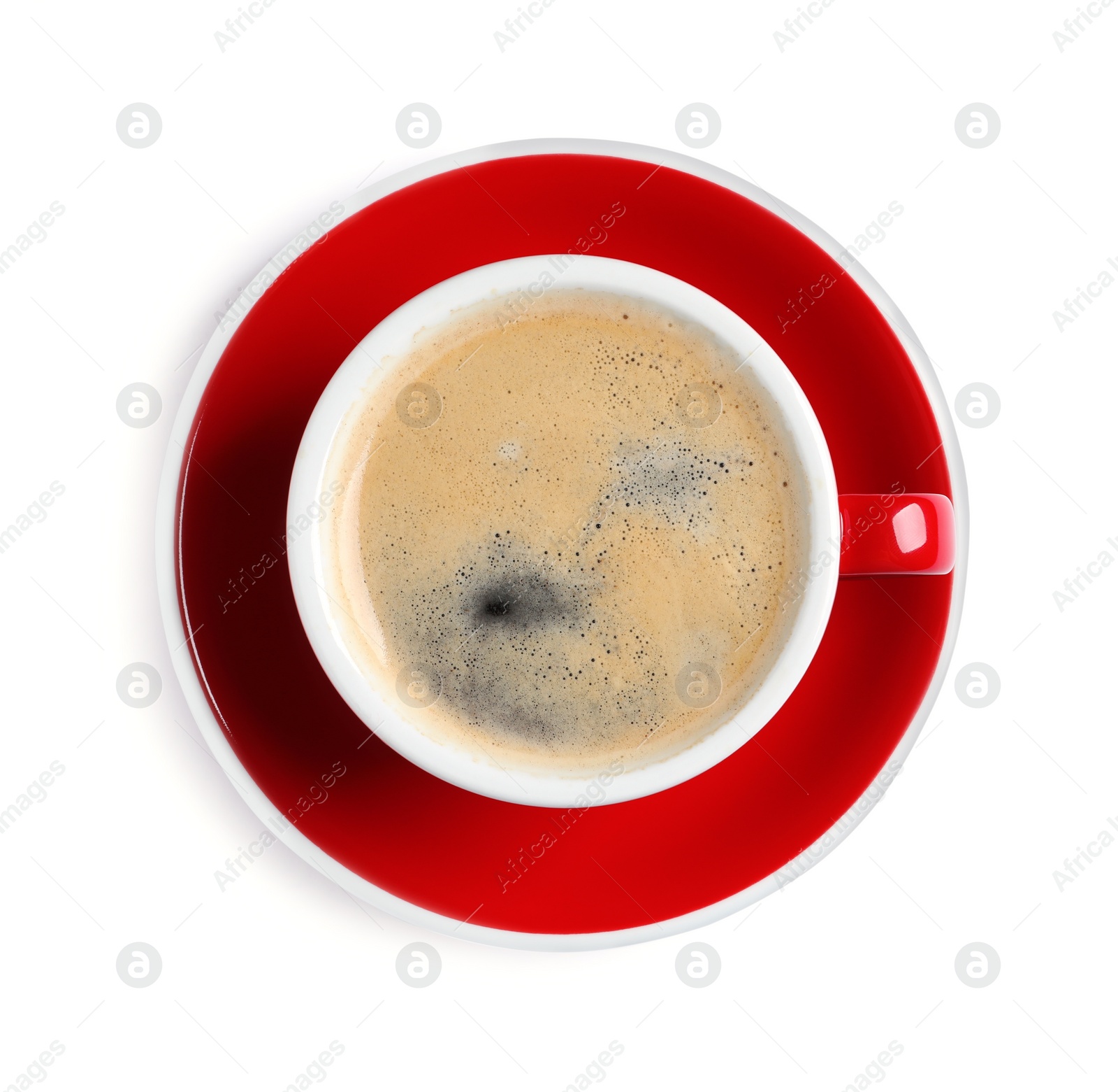 Photo of Red ceramic cup with hot aromatic coffee isolated on white, top view